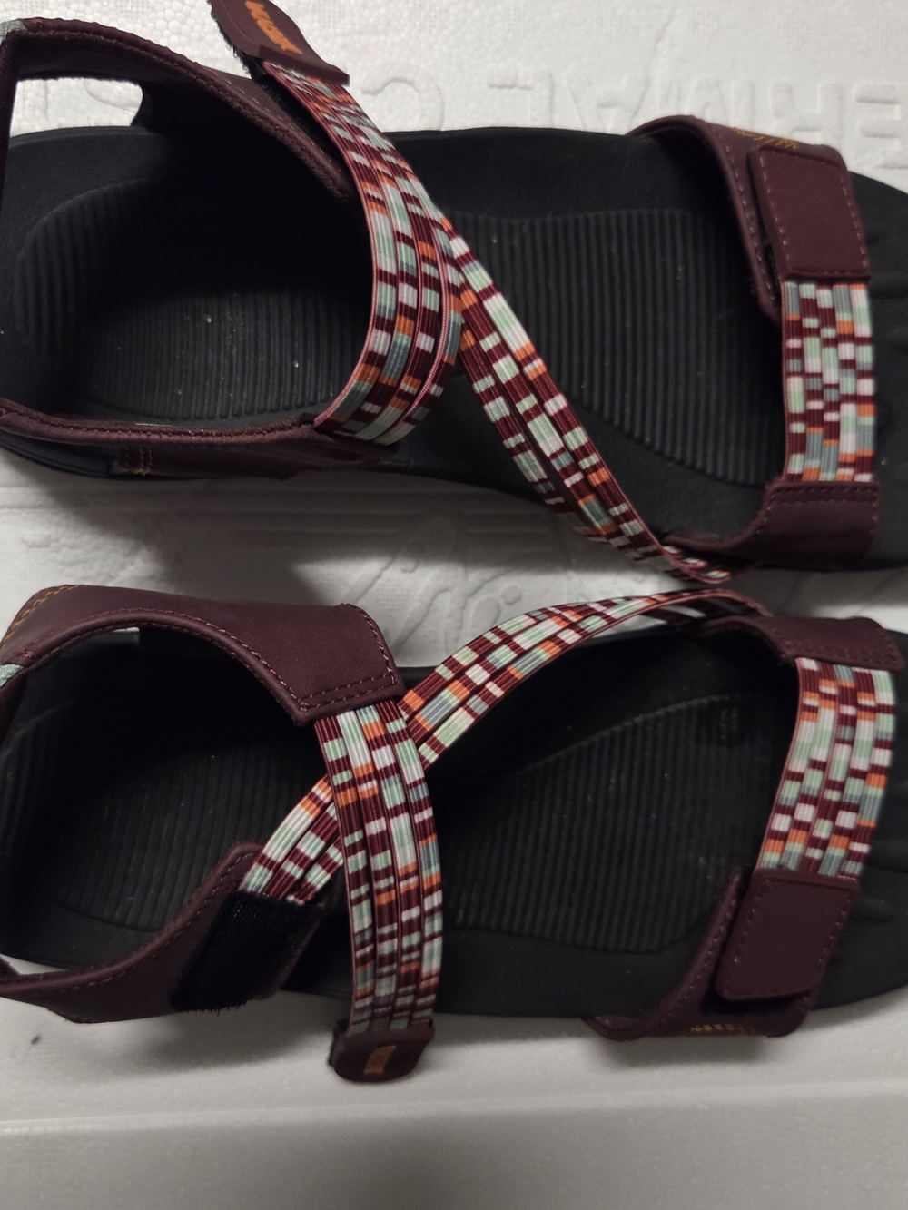 MEGNYA Burgundy Strappy Sandals with Multicolor Patterned Bands